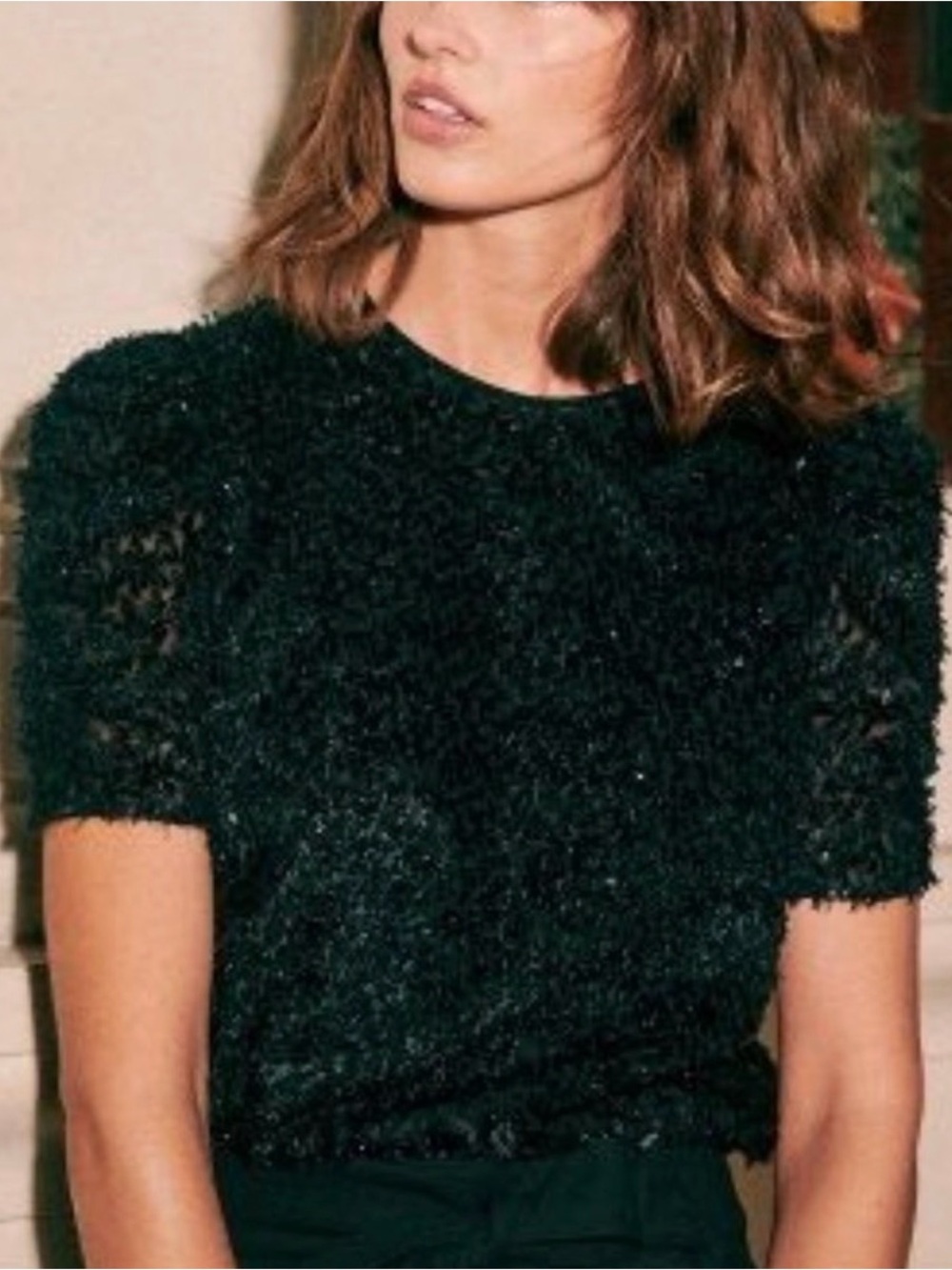 Sezane Kate Blouse Women's Size 4 NWT Sparkle Textured Puff Sleeve Black Noir